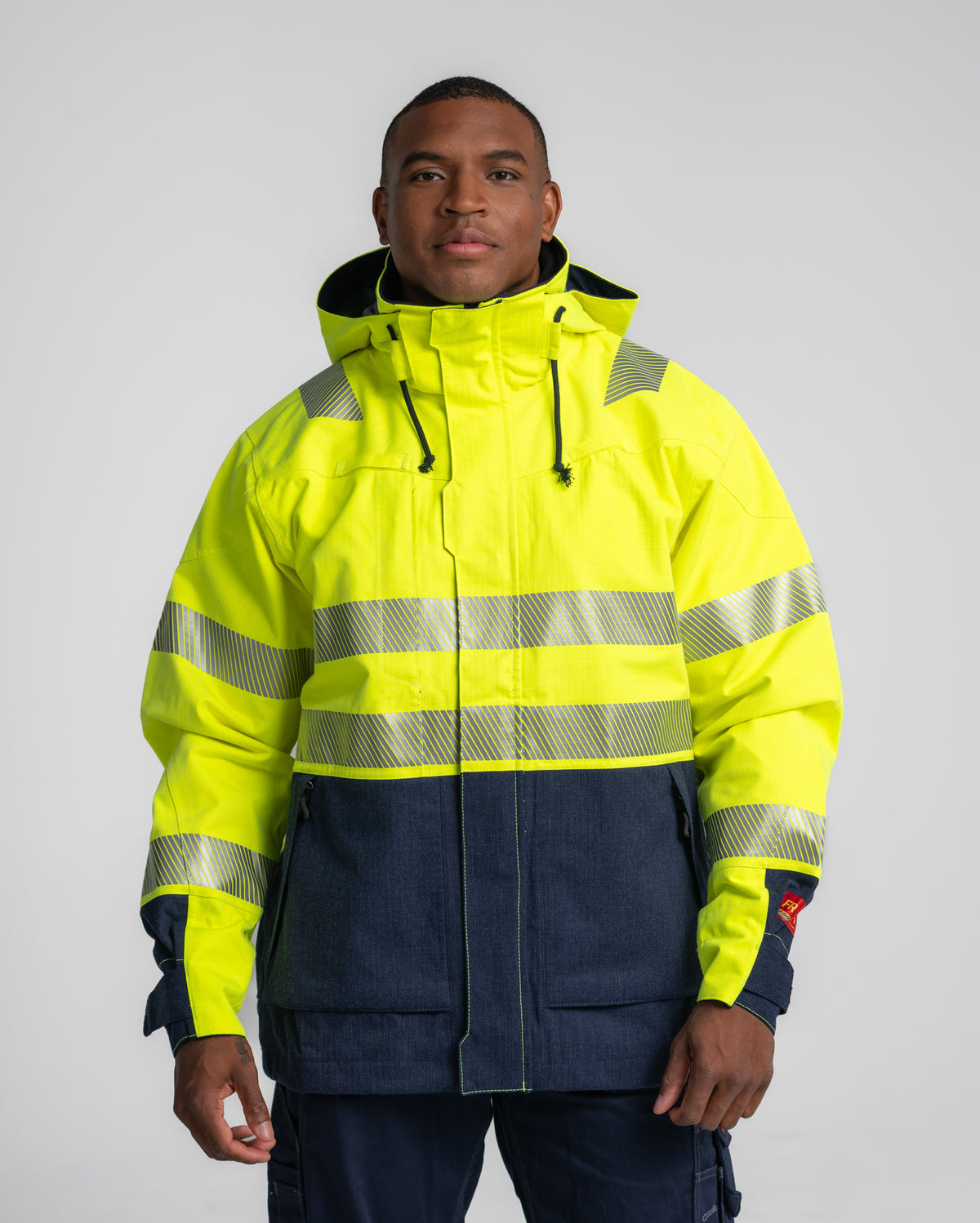 Flame Resistant Hi-Vis Shell Jacket - Yellow Hi-viz/Navy blue