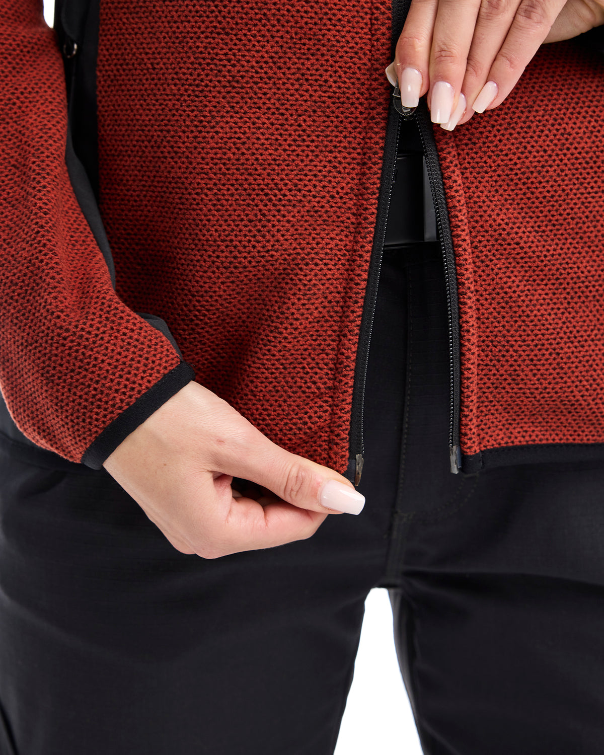 Women's Knitted Fleece Lined Jacket - Burned Red/Black