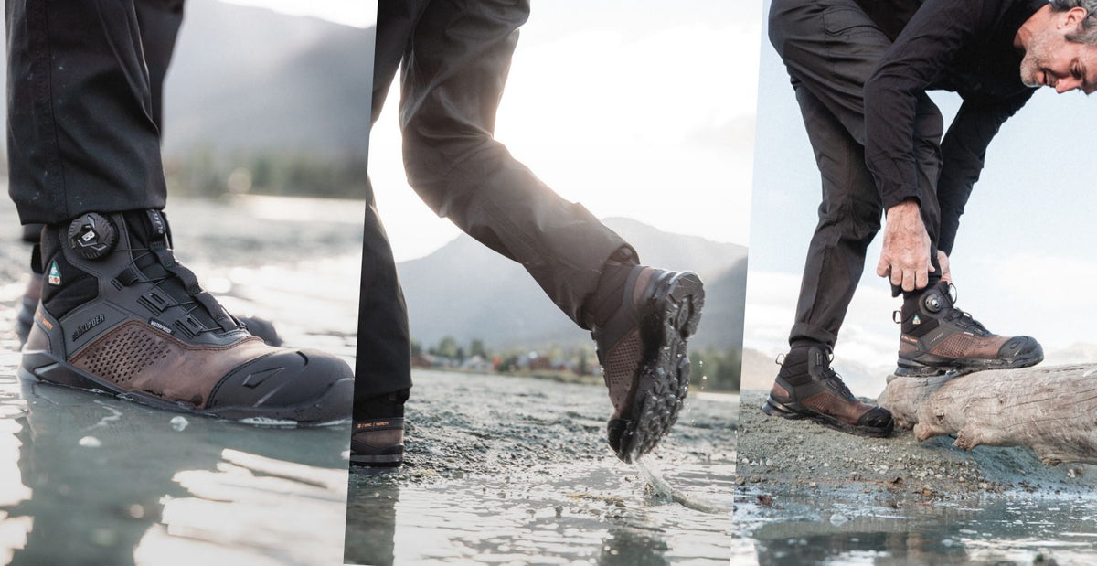Tradesman wearing the Epic Freelock Safety Boot in Brown/Black